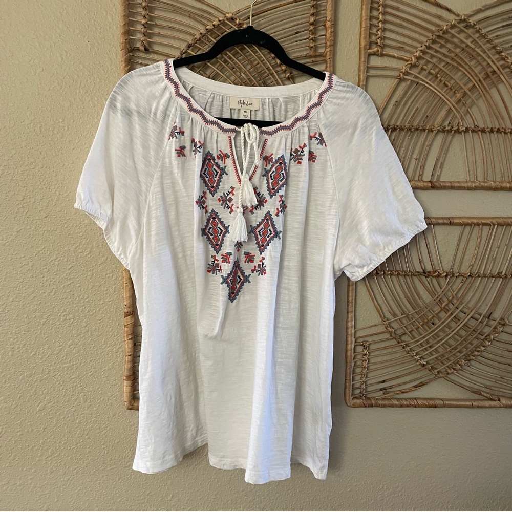 Style & Co Southwest Aztec Embroidered Peasant Blouse White Women's Sz‎ PXL B43